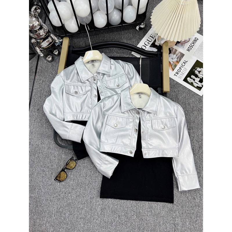 Đầm váy body cotton kèm áo khoác da bạc cho bé gái 10-30kg