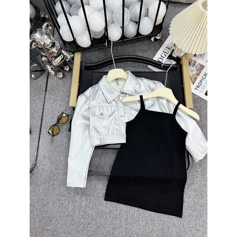 Đầm váy body cotton kèm áo khoác da bạc cho bé gái 10-30kg
