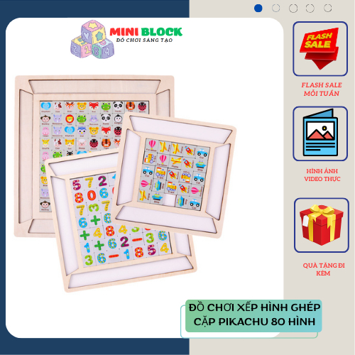Đồ chơi xếp hình ghép cặp pikachu 80 hình bằng gỗ, đồ chơi trí tuệ phát triển tư duy thông minh cho bé - Mini Blocks