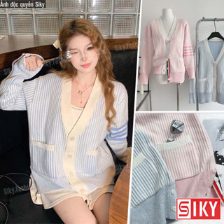 Áo cardigan len khoác ngoài nữ SIKY 3 sọc xanh hồng baby pastel cao cấp KL30