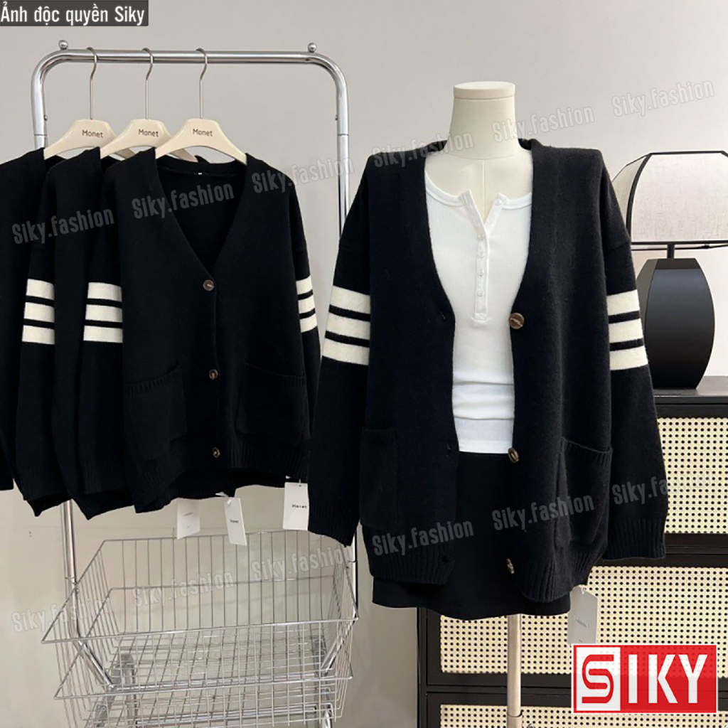 Áo khoác cardigan len nữ unisex nam SIKY tay phối kẻ 3 sọc chuẩn Hàn Quốc KL31