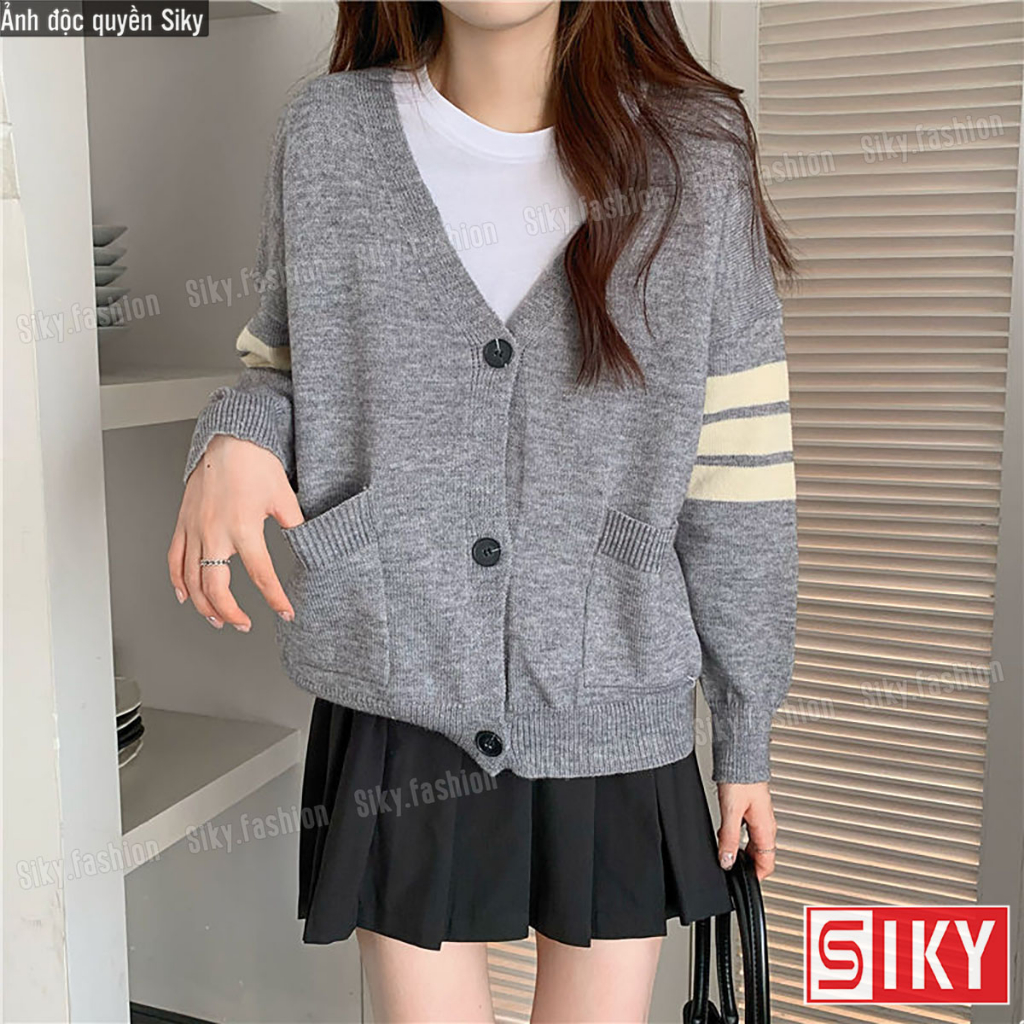 Áo khoác cardigan len nữ unisex nam SIKY tay phối kẻ 3 sọc chuẩn Hàn Quốc KL31