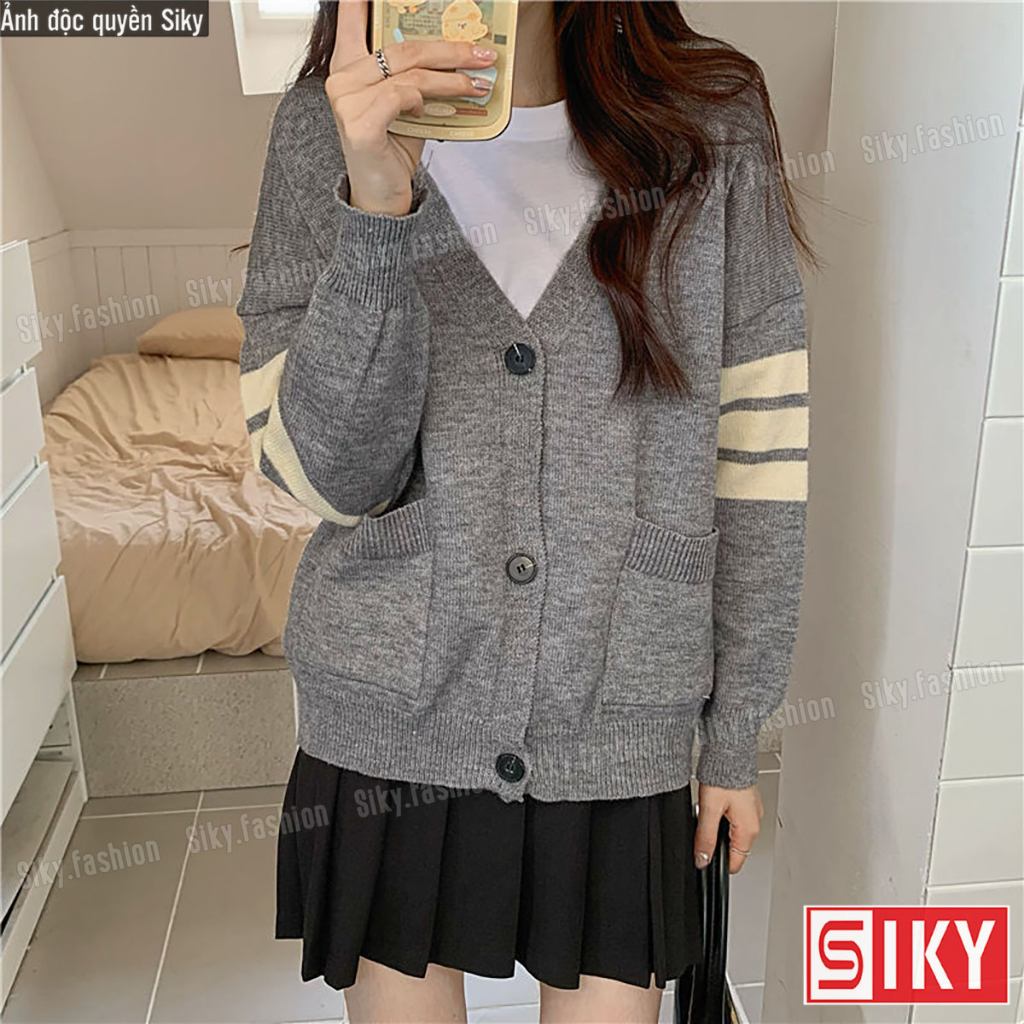 Áo khoác cardigan len nữ unisex nam SIKY tay phối kẻ 3 sọc chuẩn Hàn Quốc KL31