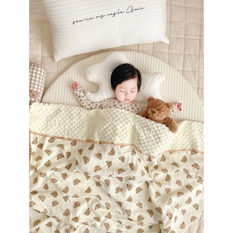 Chăn Nhung Hạt Đậu 110x110cm Vải Xô Muslin Cho Bé Họa Tiết Phong Cách Hàn Cho Bé