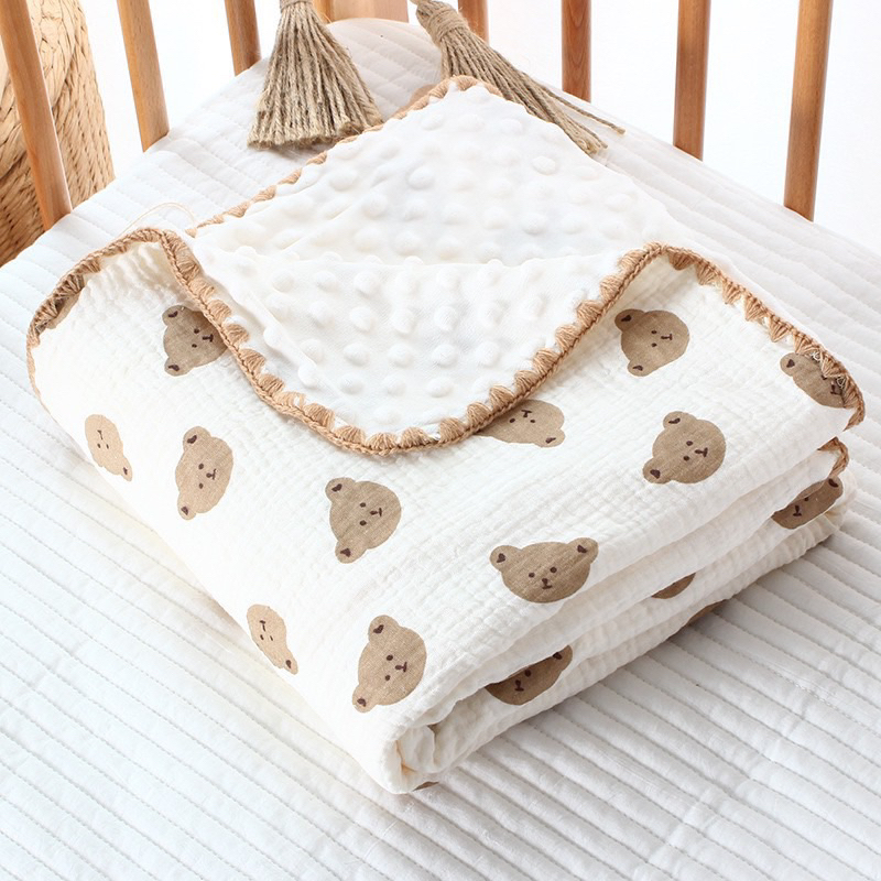 Chăn Nhung Hạt Đậu 110x110cm Vải Xô Muslin Cho Bé Họa Tiết Phong Cách Hàn Cho Bé