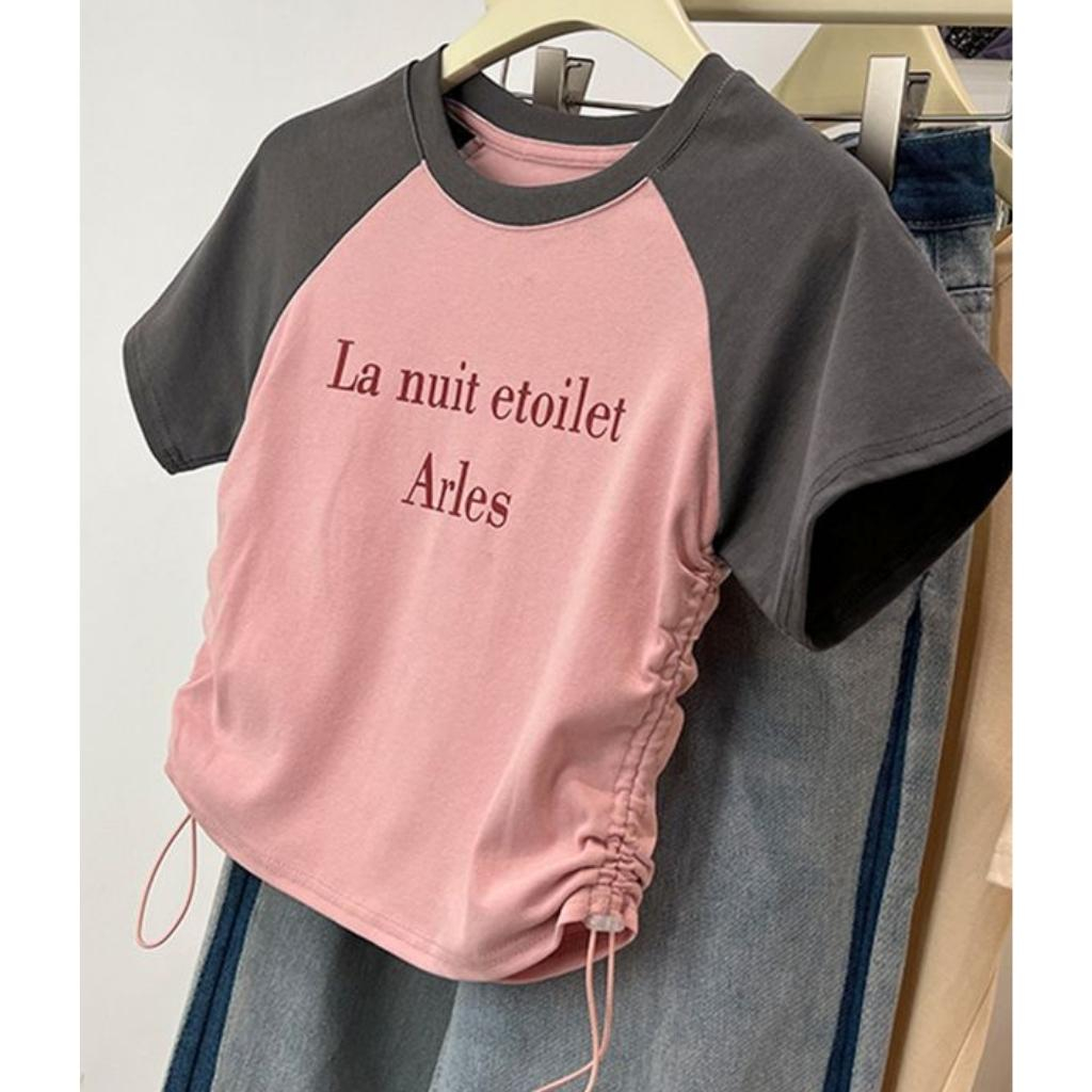 Áo croptop nữ ngắn tay phối màu in hoạ tiết phối rút dây 2 bên Xquin, Áo thun nữ dáng croptop ôm body cực tôn dáng