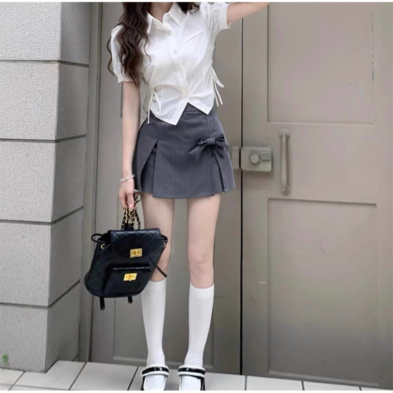 Set áo sơ mi rút eo mix chân váy phối nơ