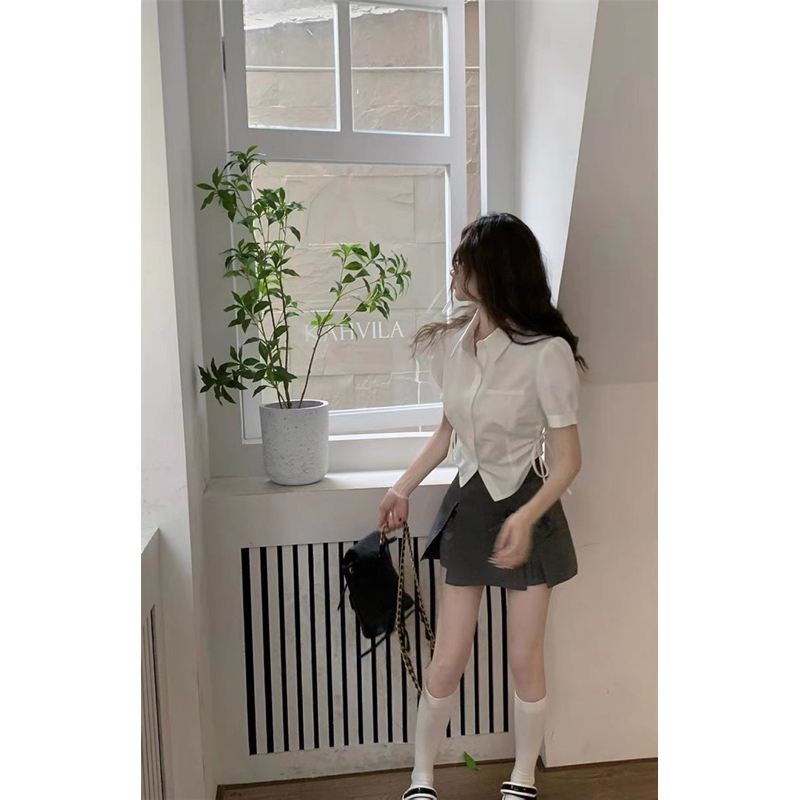 Set áo sơ mi rút eo mix chân váy phối nơ