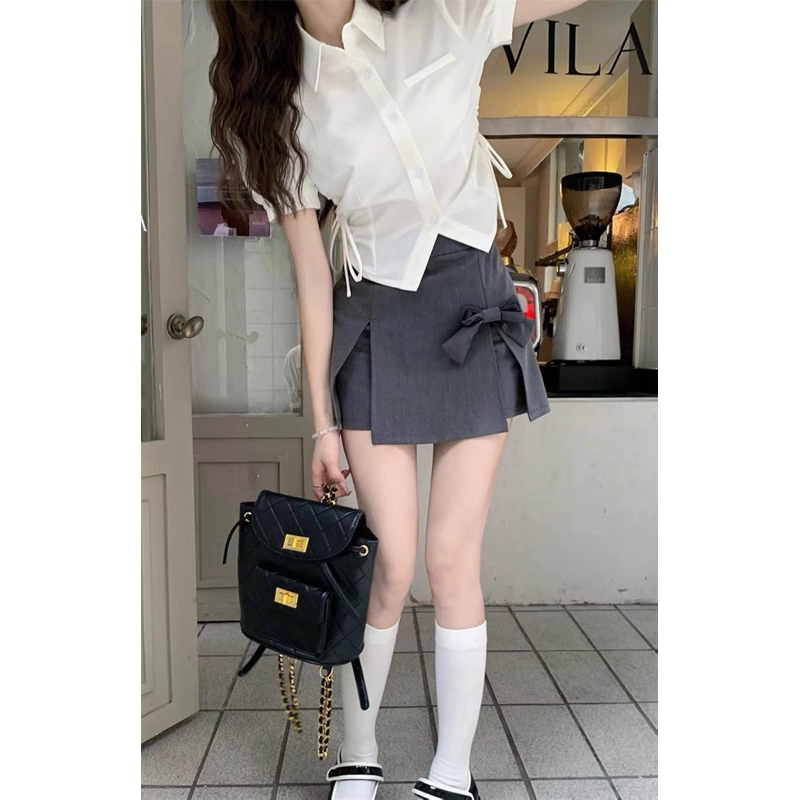 Set áo sơ mi rút eo mix chân váy phối nơ