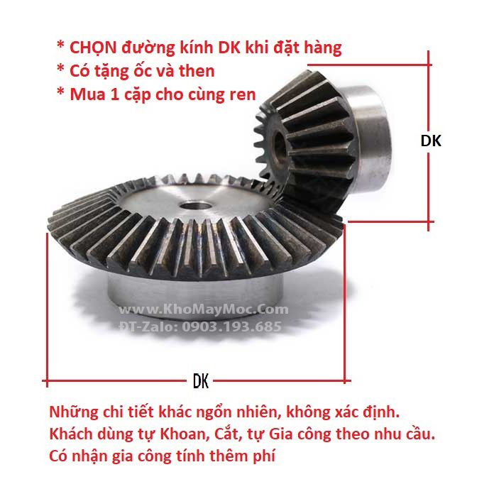 Bánh răng nhông côn 90độ, cấp theo đường kính