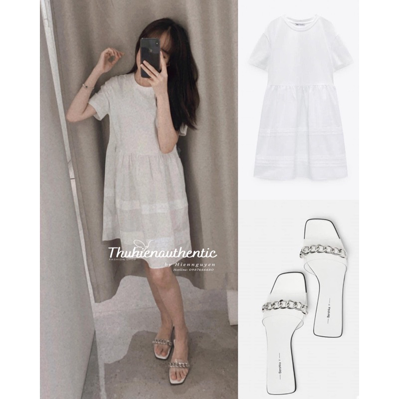 Váy trắng babydoll cotton dáng ngắn cải vải poplin mã code: 0264/869/250 ZARA chính hãng(kèm ảnh thật)