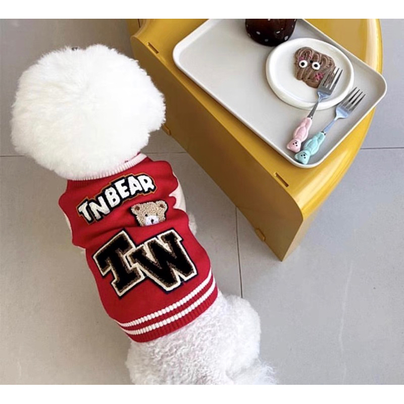 Quần áo thú cưng, áo cadigan len phối màu gắn hình ngộ nghĩnh cho chó mèo