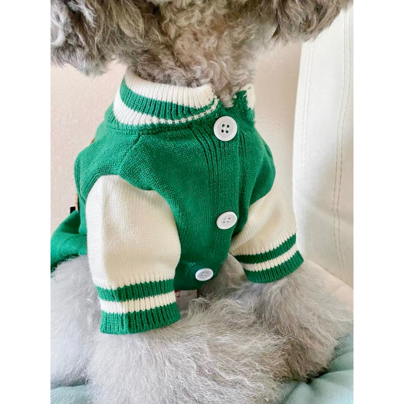 Quần áo thú cưng, áo cadigan len phối màu gắn hình ngộ nghĩnh cho chó mèo