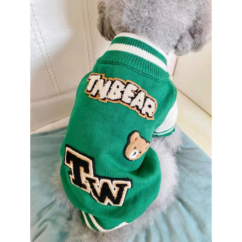 Quần áo thú cưng, áo cadigan len phối màu gắn hình ngộ nghĩnh cho chó mèo