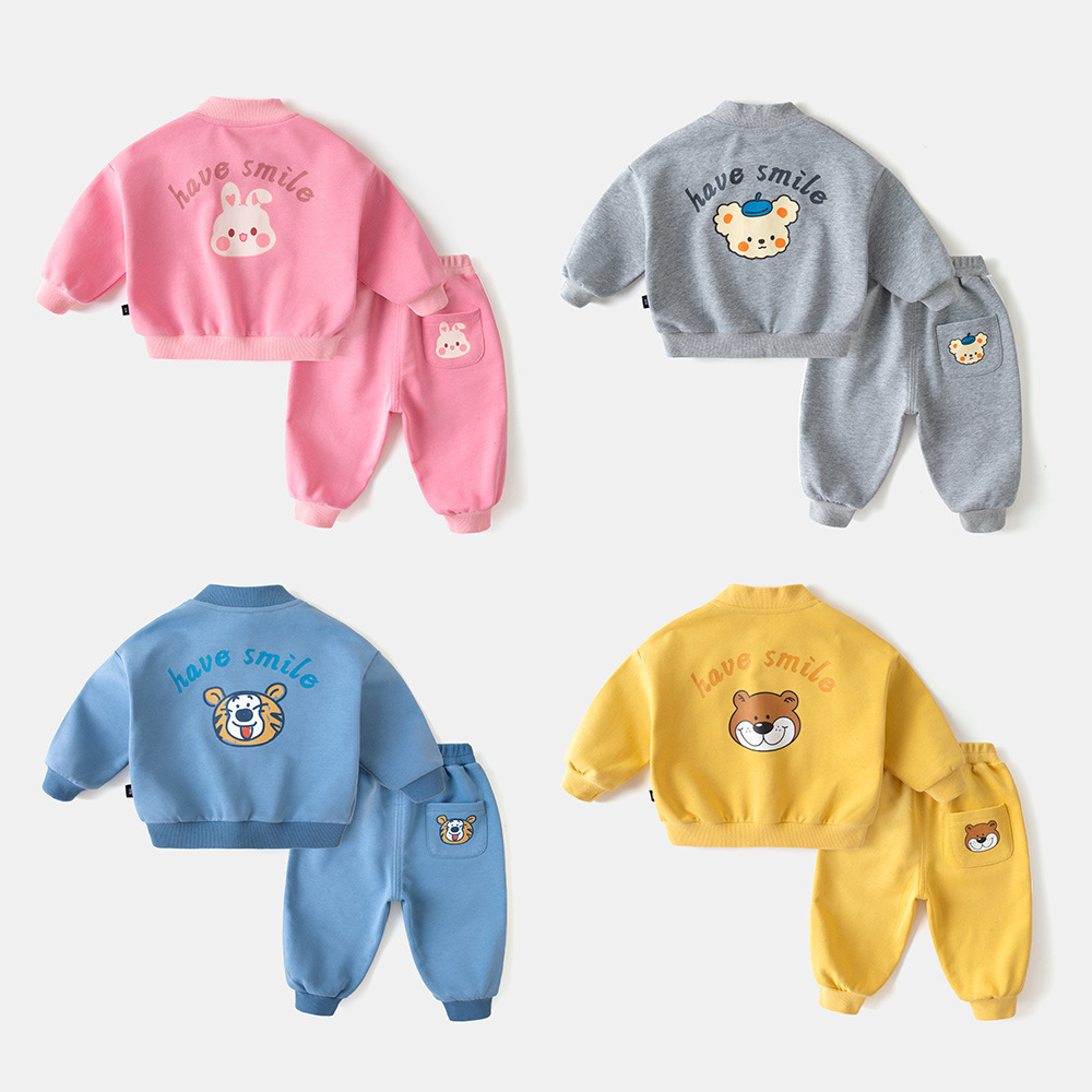 Bộ thu đông kéo khóa in hình dễ thương chất da cá dày dặn cho bé trai bé gái