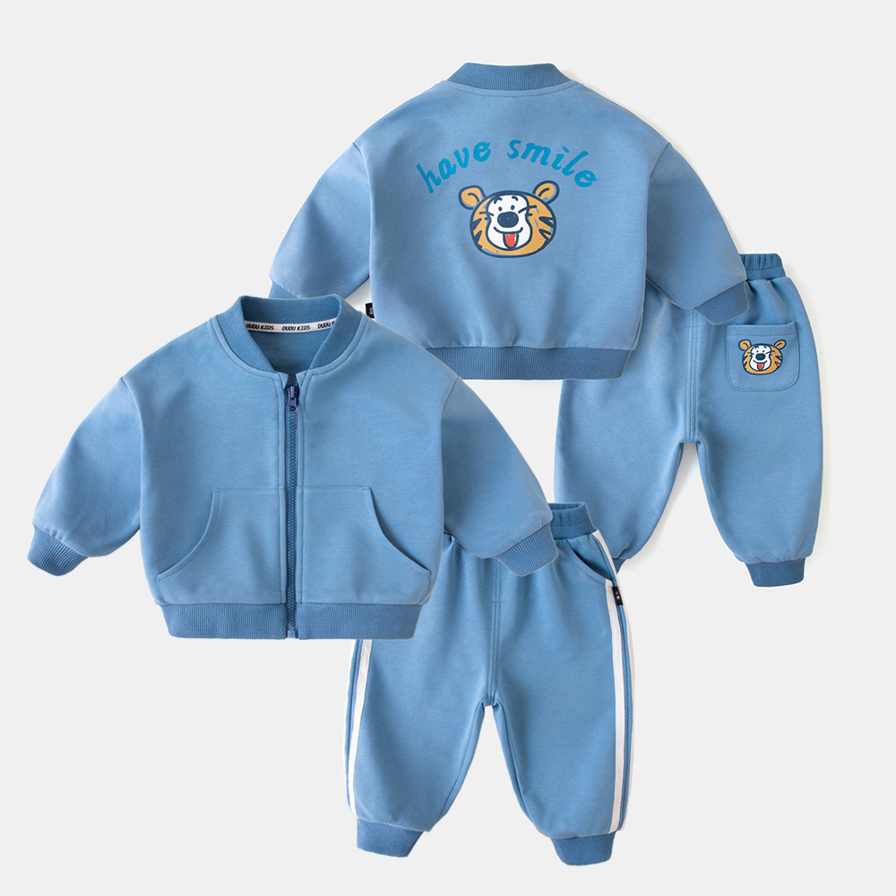 Bộ thu đông kéo khóa in hình dễ thương chất da cá dày dặn cho bé trai bé gái