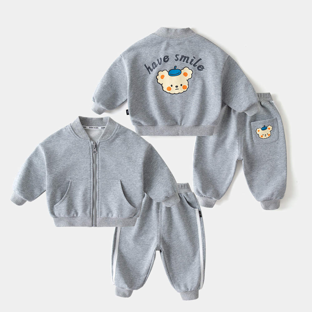 Bộ thu đông kéo khóa in hình dễ thương chất da cá dày dặn cho bé trai bé gái