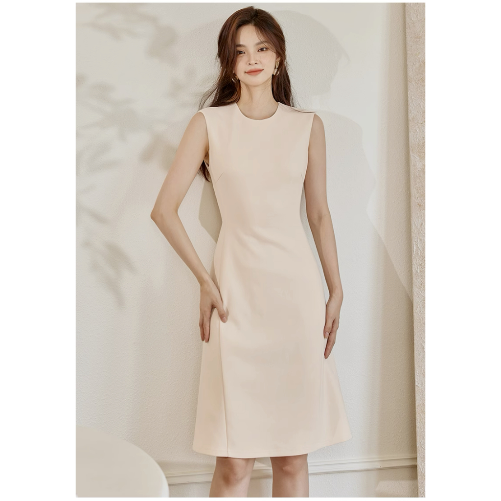 Đầm chữ A màu trơn cổ tròn không tay công sở