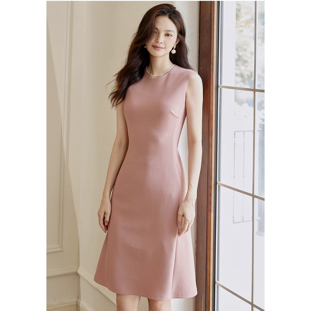Đầm chữ A màu trơn cổ tròn không tay công sở