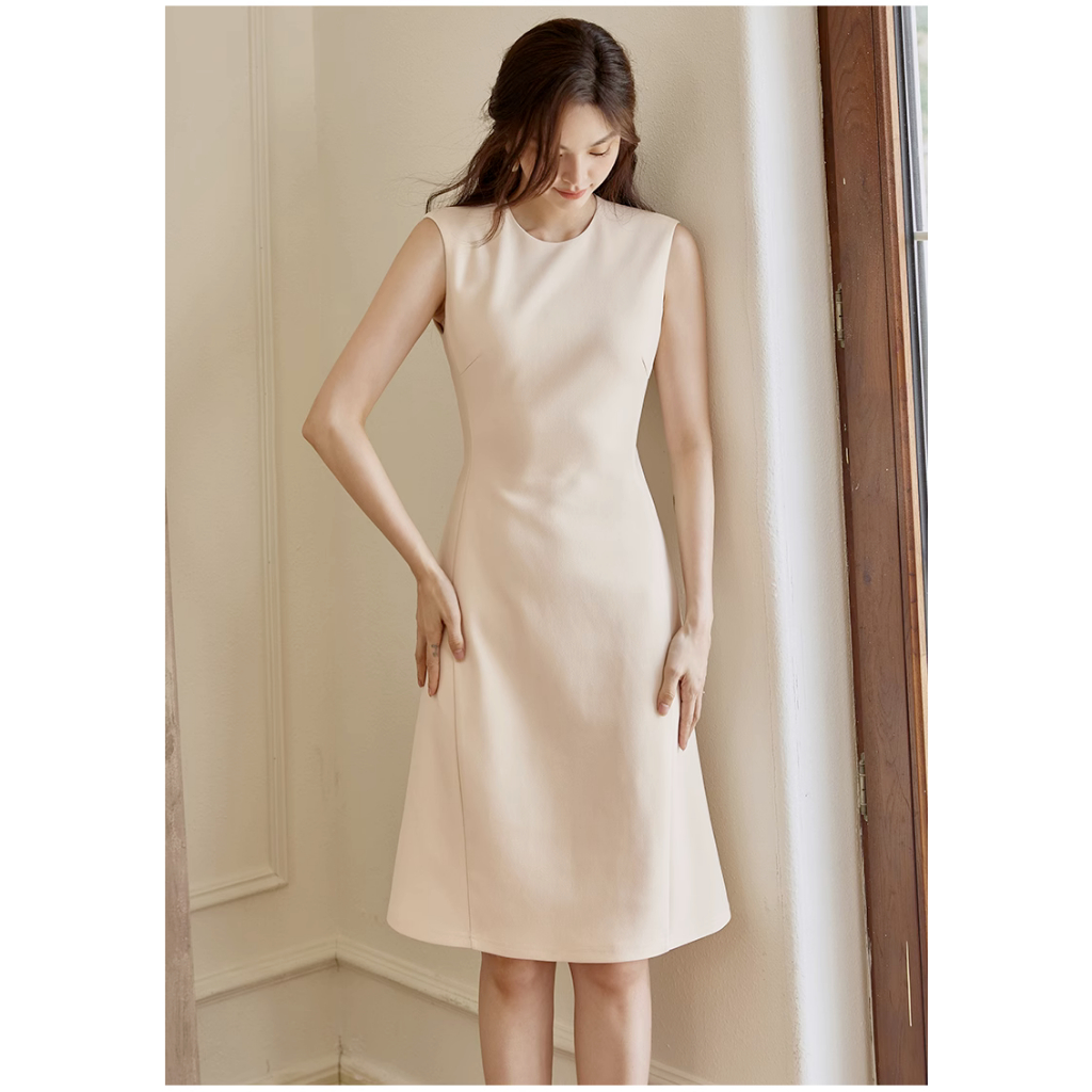 Đầm chữ A màu trơn cổ tròn không tay công sở