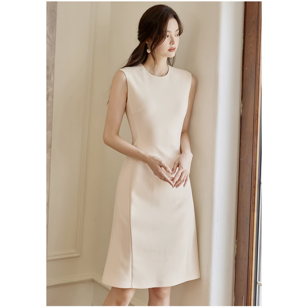 Đầm chữ A màu trơn cổ tròn không tay công sở
