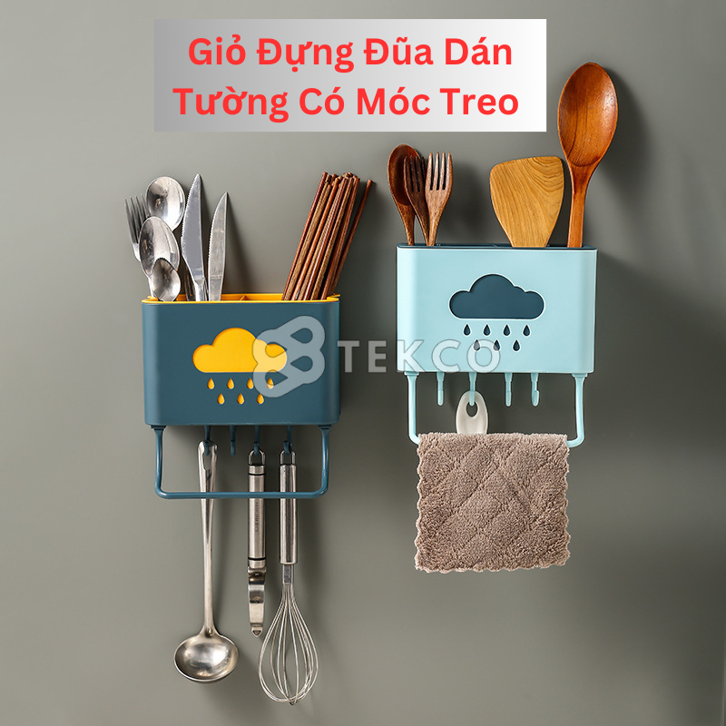 Giỏ Đựng Đũa Có Móc Treo Dán Tường - Kệ Đựng Đũa, Muỗng, Nĩa Dán Tường Nhà Bếp
