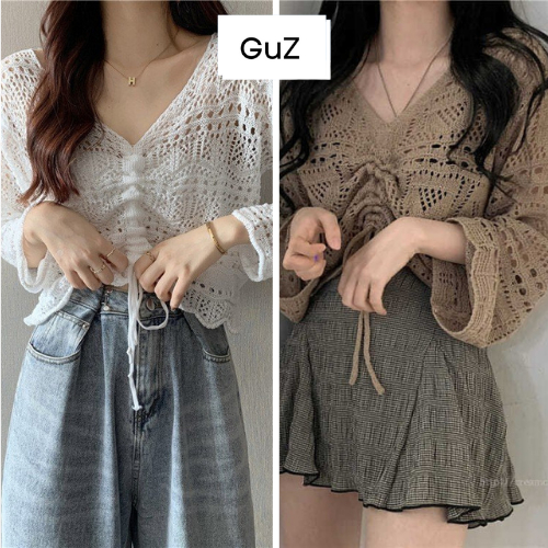 Áo ren croptop dài tay kiểu nữ rút ngực, áo thun dáng ngắn ôm body tôn dáng kiểu ulzzang bánh bèo, sexy GUZ