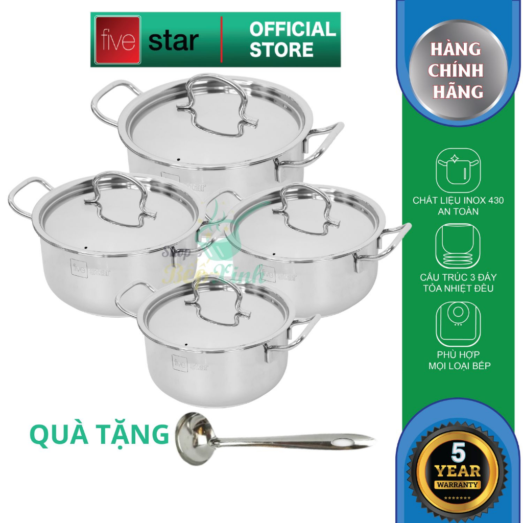 Nồi inox đáy từ cao cấp FiveStar Standard nắp inox 3 đáy sandwich ( 16cm/18cm/ 20cm/24cm ), tặng 1 muỗng canh