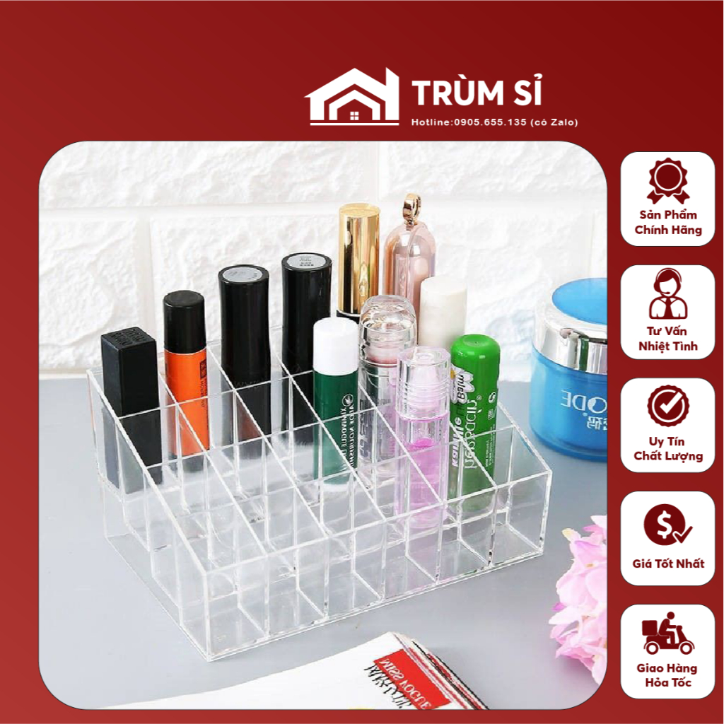 Khay đựng son 24 ô chất liệu mica trong suốt - hộp đựng mỹ phẩm tiện lợi