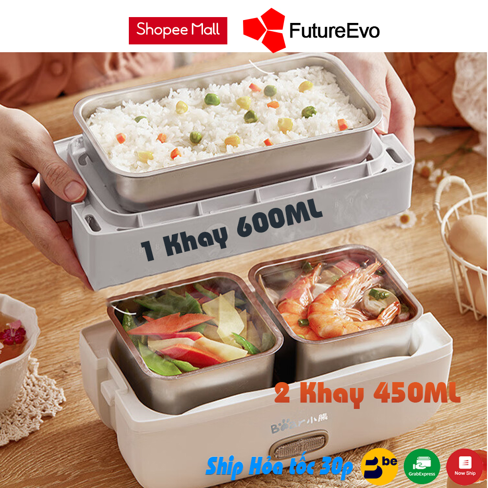 Hộp cơm cắm điện FutureEvo-Bear 2 tầng 3 khay inox nấu cơm nấu thức ăn và hâm nóng Tặng túi xách đũa thìa