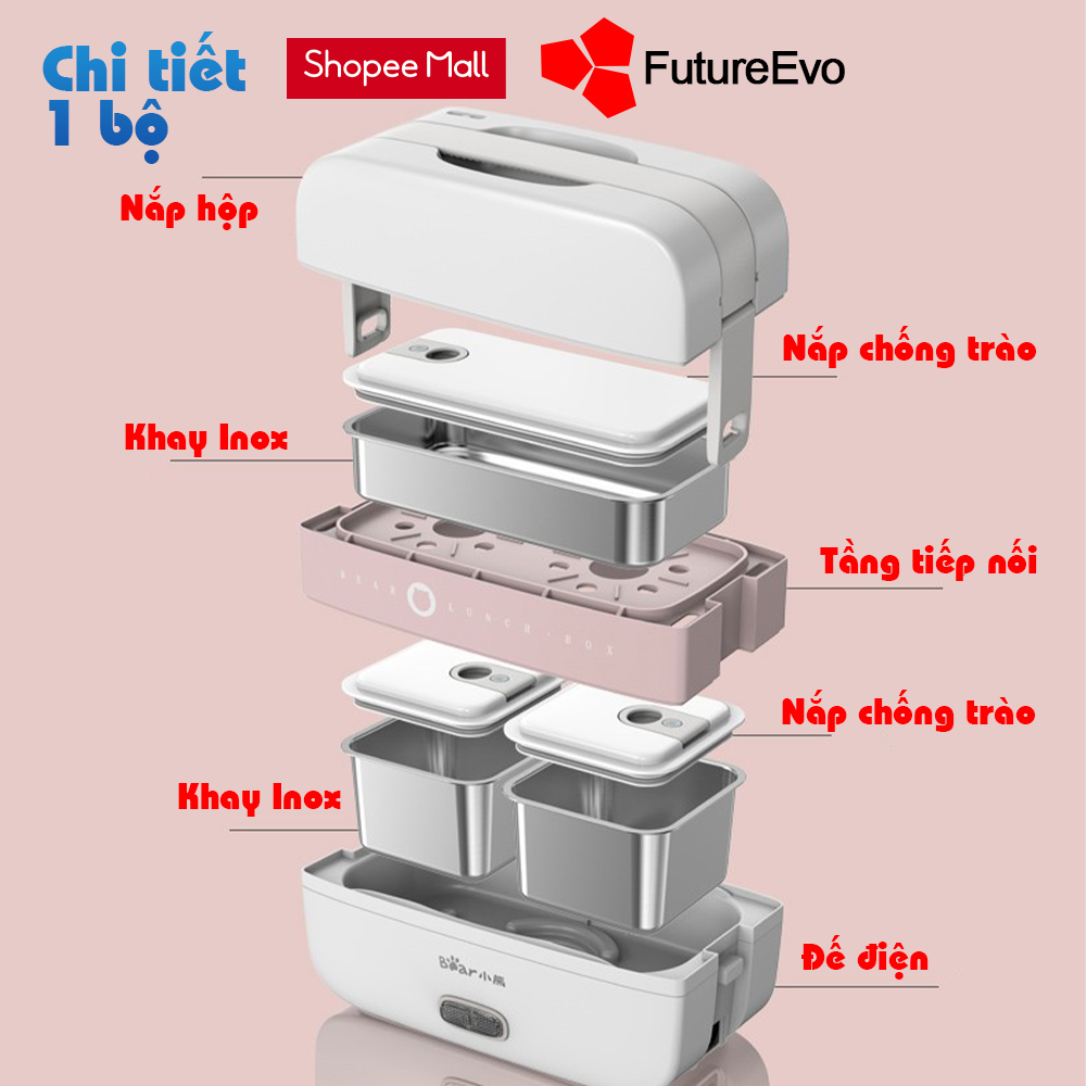 Hộp cơm cắm điện FutureEvo-Bear 2 tầng 3 khay inox nấu cơm nấu thức ăn và hâm nóng Tặng túi xách đũa thìa