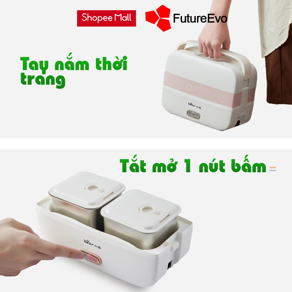 Hộp cơm cắm điện FutureEvo-Bear 2 tầng 3 khay inox nấu cơm nấu thức ăn và hâm nóng Tặng túi xách đũa thìa
