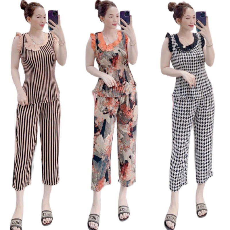Set dập ly mặc nhà từ 45-63kg, đồ bộ nữ dễ thương hoa nhí vải mango mặc hè