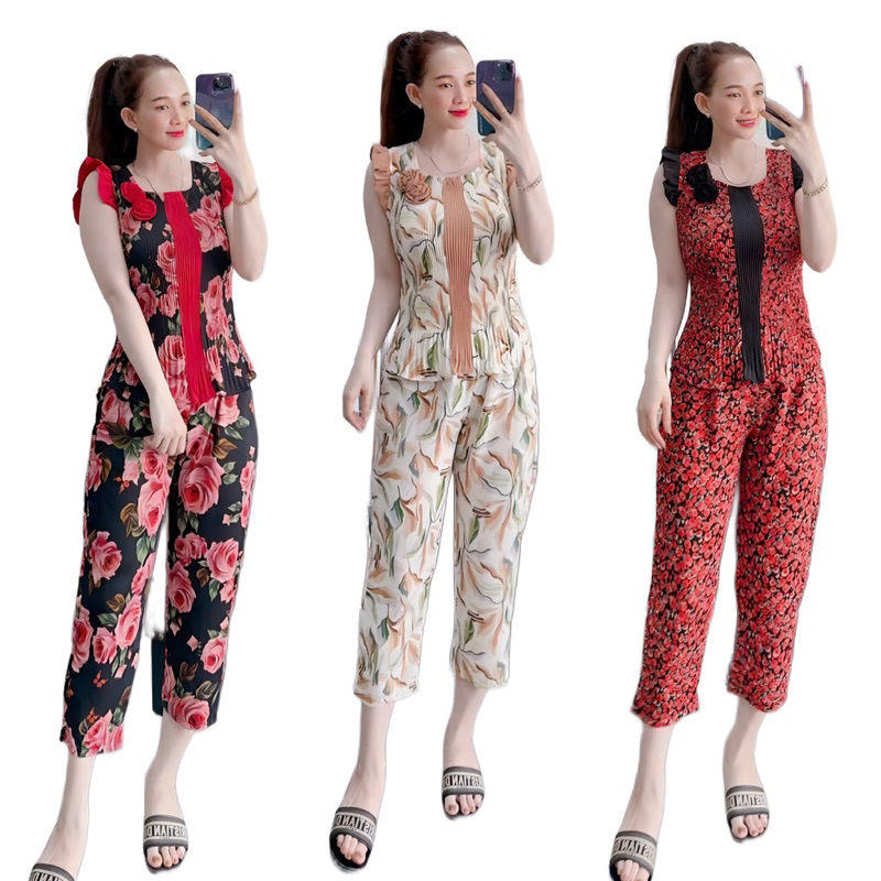 Đồ ngủ mặc nhà đẹp từ 45-62kg, bộ lửng nữ hoa nhí vải mango mịn mát