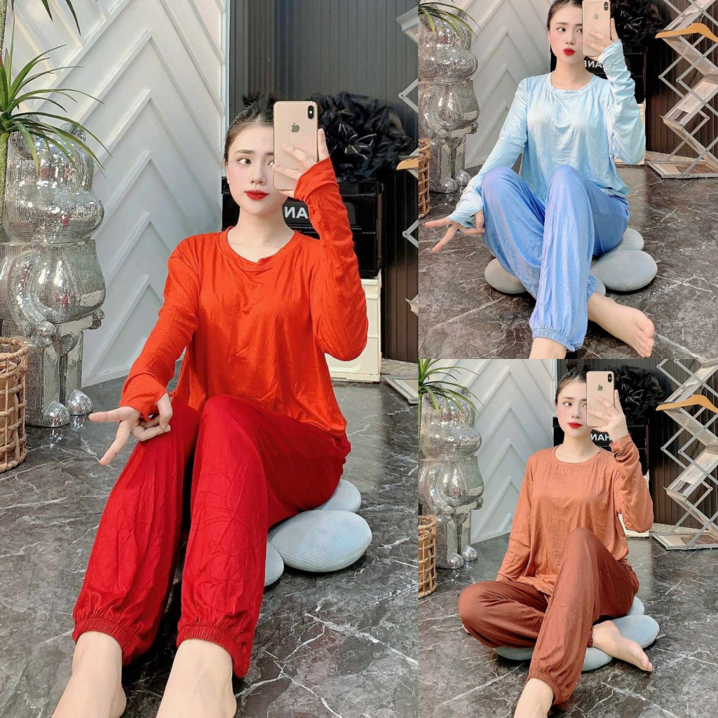 Set đồ nữ, đồ bộ ủ kem quần baggy bo thun có túi và áo form rộng tay dài xỏ ngón vải thun lạnh mát co giản, đồ ủ da