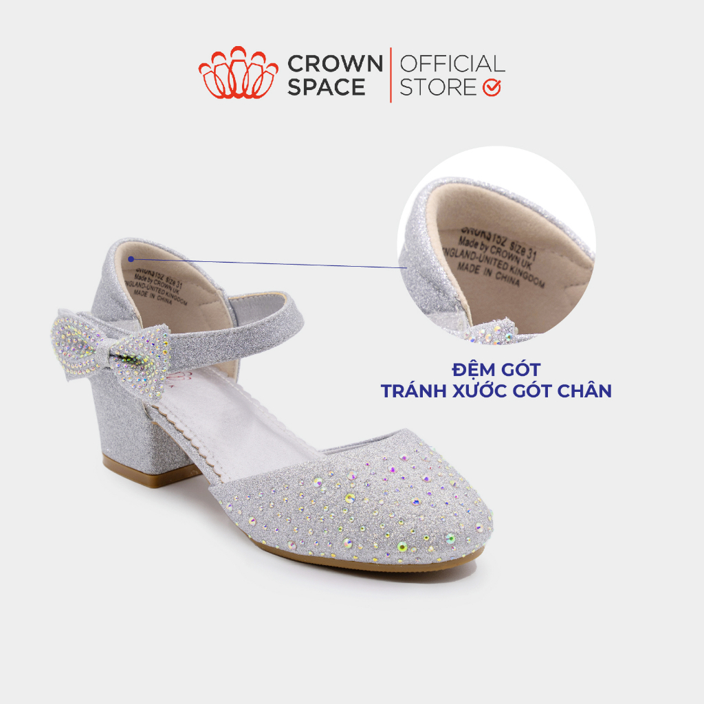 Giày Cao Gót Cho Bé Gái Crown Space CRUK3152 Guốc Búp Bê Công Chúa Họa Tiết Đính Đá Lấp Lánh Size 31-36
