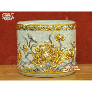 Bát hương men rạn đắp nổi Sen Cát Tường, vẽ vàng 24K