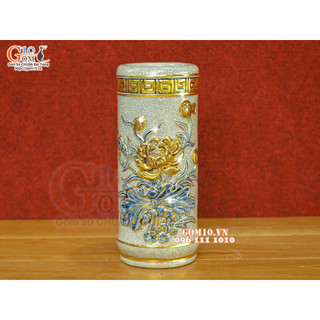 Ống hương men rạn đắp nổi Sen Cát Tường, vẽ vàng 24k