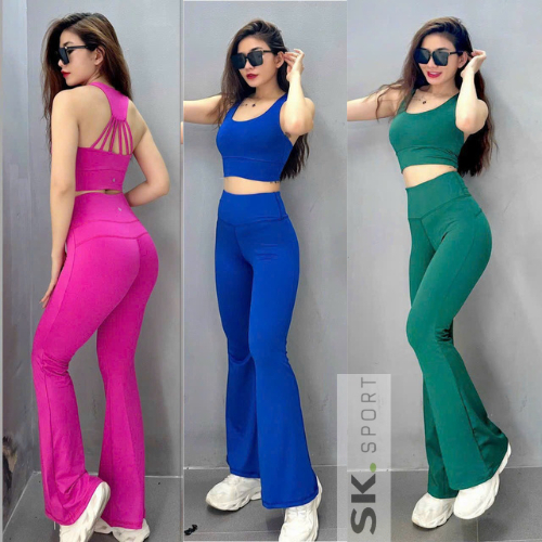 Bộ Đồ Tập Thể Thao Nữ Quần Loe Áo Bra Tập Gym Yoga Aerobic Đi Chơi