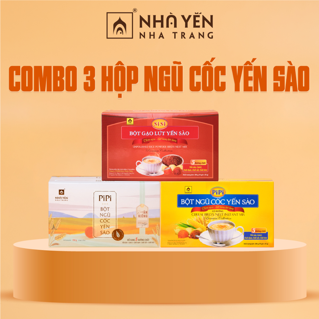 COMBO 3 hộp Bột ngũ cốc yến sào PiPi Bột gạo lứt yến sào SiSi - Nhà Yến Nha Trang - Hộp 10 gói - Bột ngũ cốc dinh dưỡng