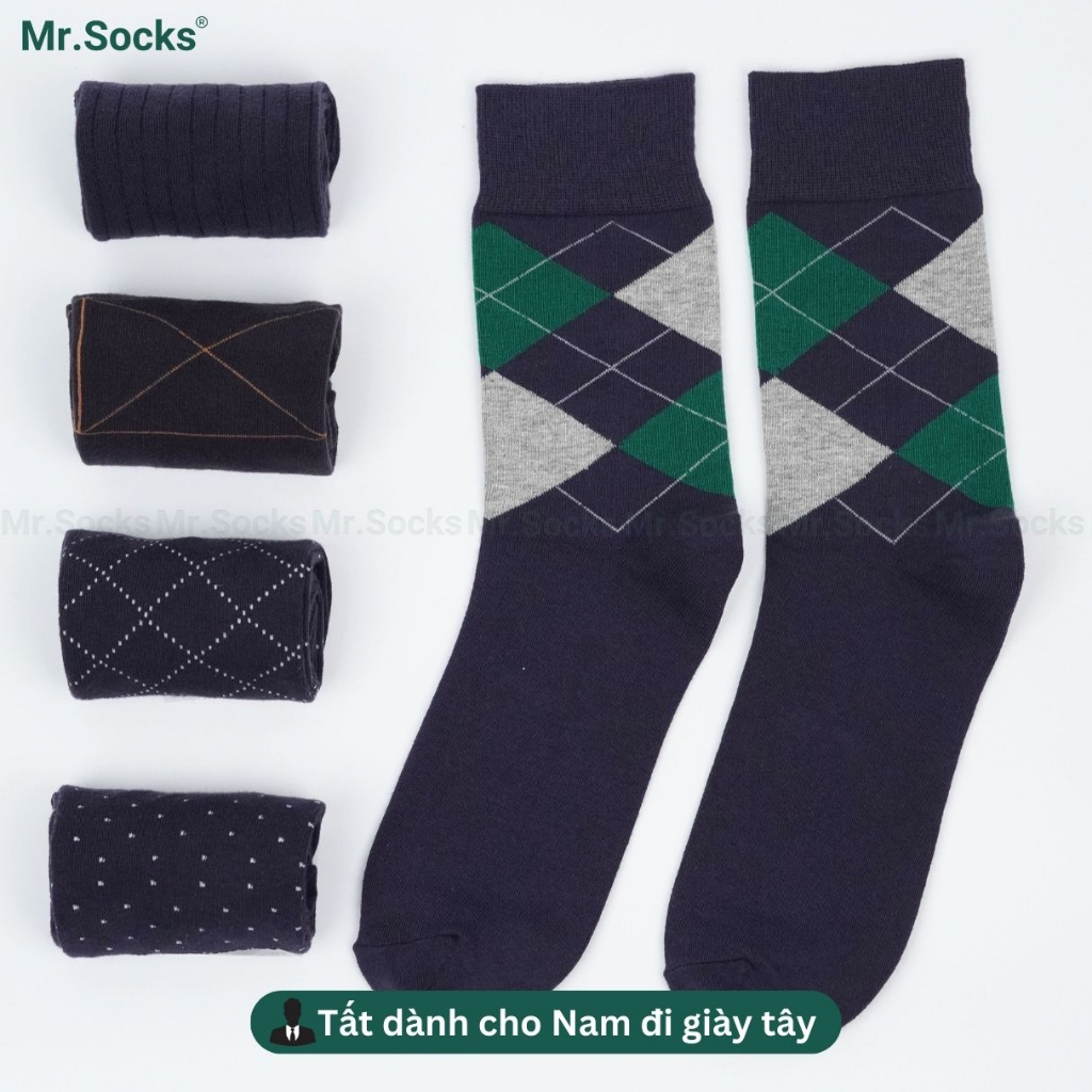Hộp 5 đôi tất nam công sở đi giày tây Mr.Socks cổ cao màu xanh dương, chất liệu cotton hút ẩm thoáng mát - GOM-MIX16-CB5