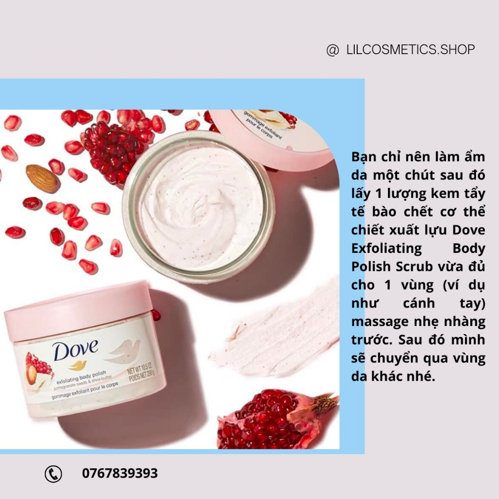 Tẩy Da Chết Toàn Thân DOVE Exfoliating Body Polish, Kem Dove Chăm Sóc Da Chiết Xuất Macca, Bơ Mỡ & Hạt Lựu 225ml Lil_C