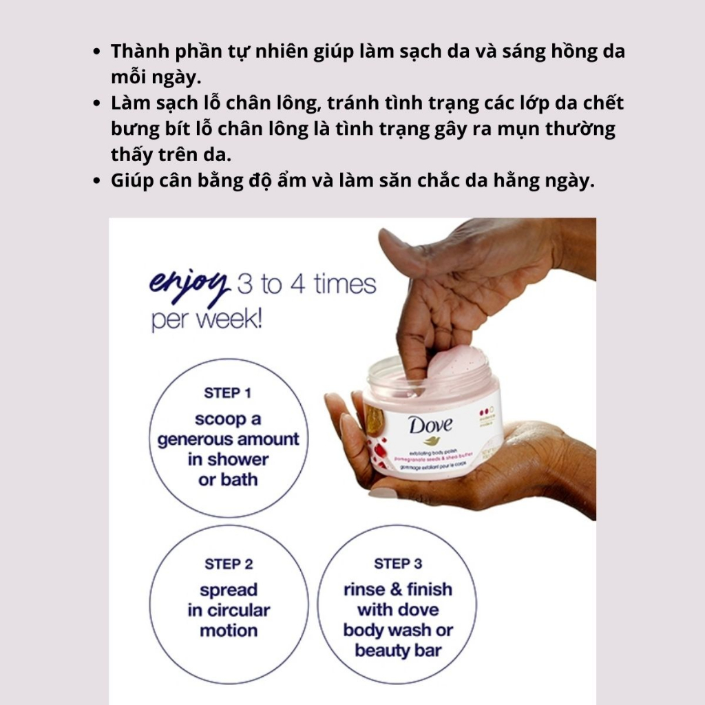 Tẩy Da Chết Toàn Thân DOVE Exfoliating Body Polish, Kem Dove Chăm Sóc Da Chiết Xuất Macca, Bơ Mỡ & Hạt Lựu 225ml Lil_C