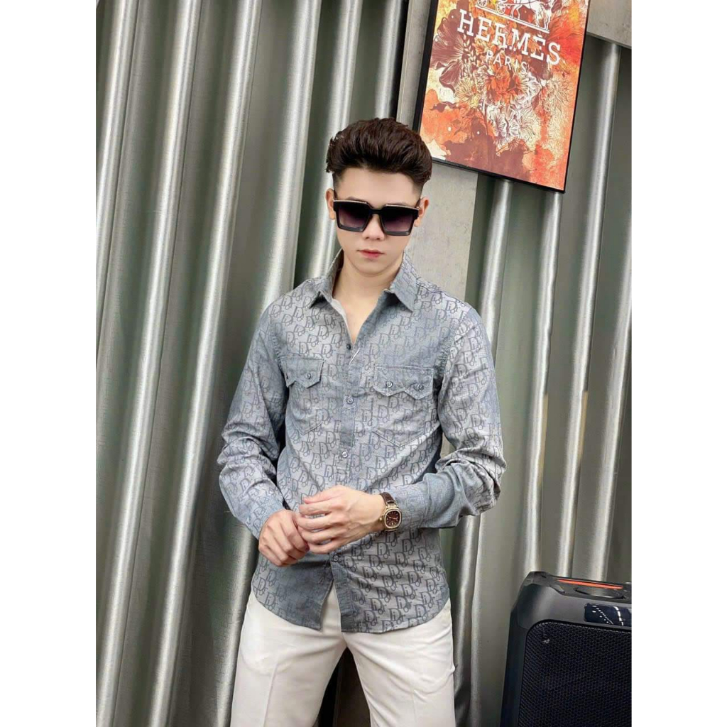 Aó sơ mi nam dài tay 33SM-02 Vic, hàng quảng châu, túi tạo kiểu độc lạ, phối màu loang, dáng body, thấm hút mồ hôi tốt