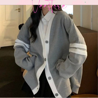 Áo Cardigan 2 sọc khoác ngoài, Áo khoác len dài tay 3 màu form rộng phù hợp mọi lứa tuổi Veestore