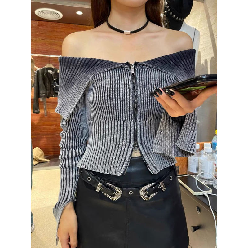 Áo Nhung Trễ Vai Xanh Ghi Khoá Kéo Sang Chảnh Len Xinh Hot 2023