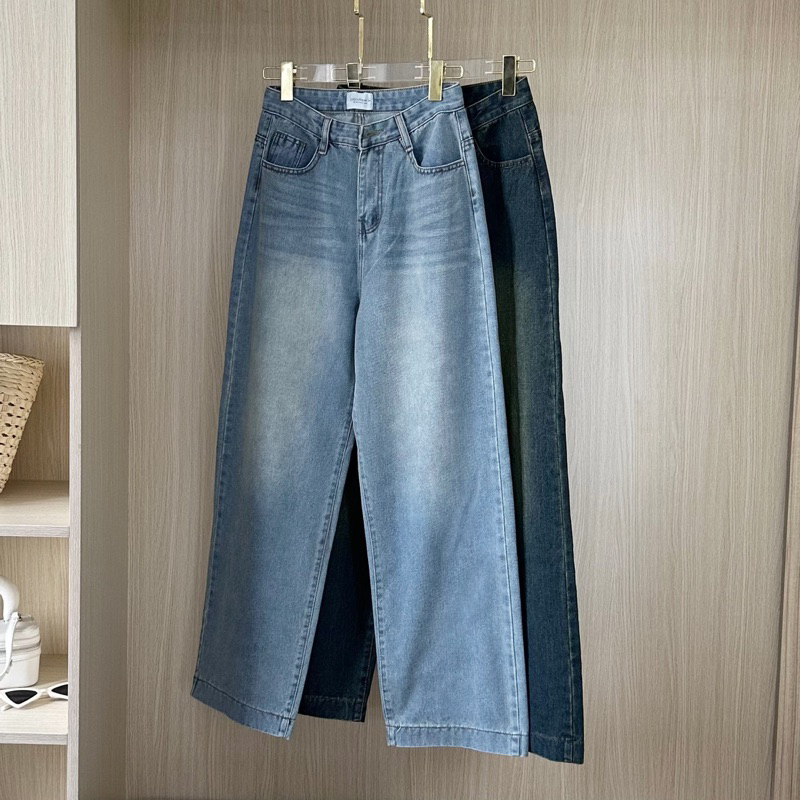 Quần jean ống suông lưng cao lai 4 phân không co giãn