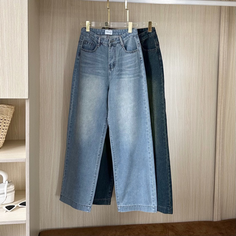 Quần jean ống suông lưng cao lai 4 phân không co giãn