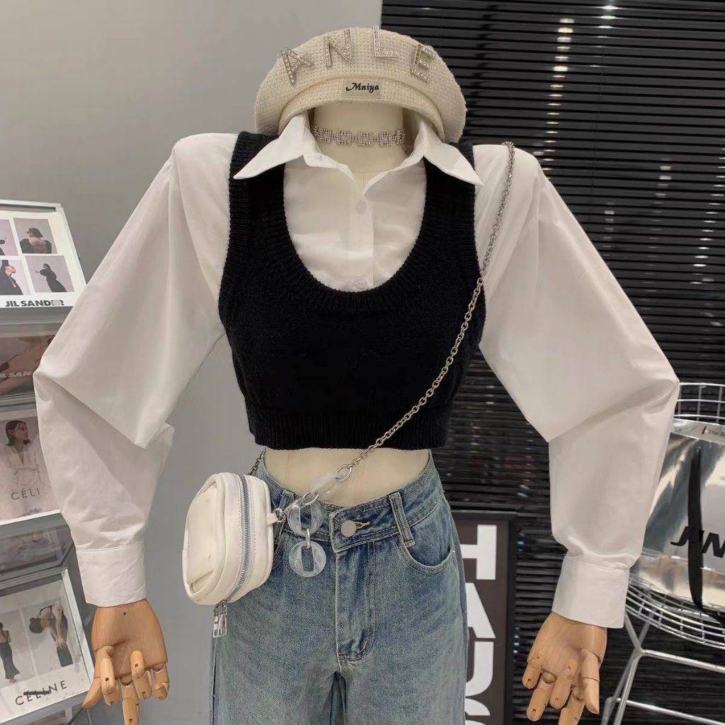 Áo sơmi croptop kèm gile - Dungpham