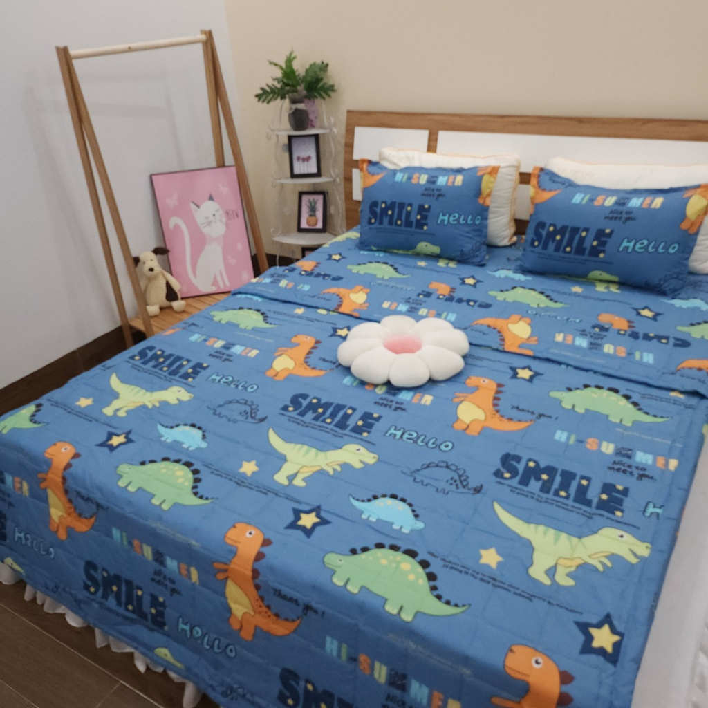 Chăn hè Cotton Polly - mền đắp trần bông 1m8x2m đăp được 2 mặt - mẫu Khủng long xanh